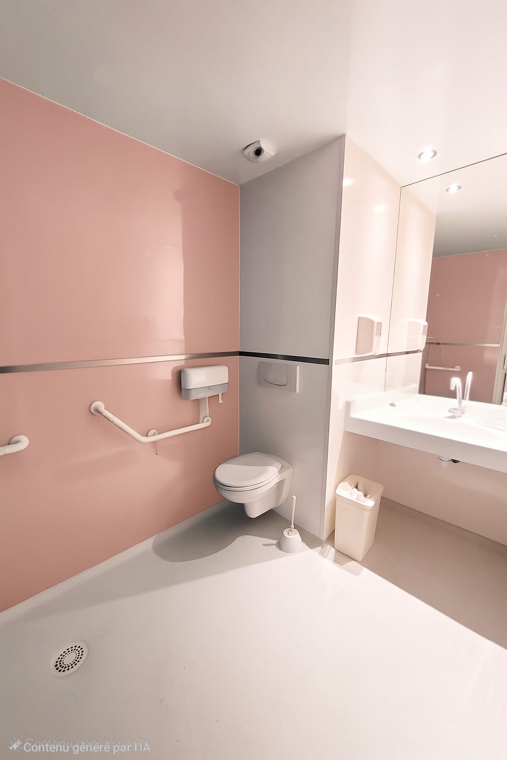 Sanitaire PMR habillé en panneaux FRP avec barre d'appui